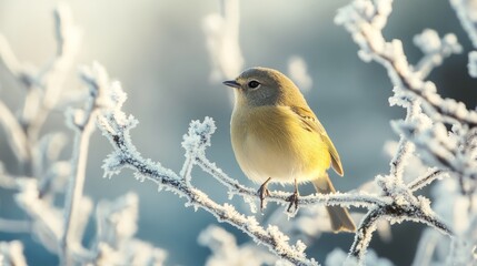 A small yellow bird perched on a frosted branch in a serene winter landscape.