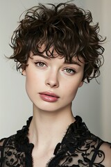 Close-up Portrait of a Young Woman with Short Curly Hair, Wearing a Black Lace Top