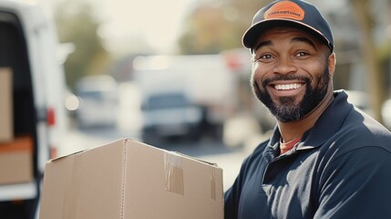 A smiling delivery person holding a box near a vehicle on a sunny day.