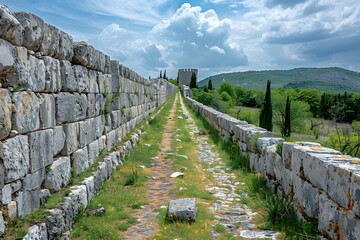 Scenic Pathway Along Ancient Stone Walls Under a Dramatic Sky