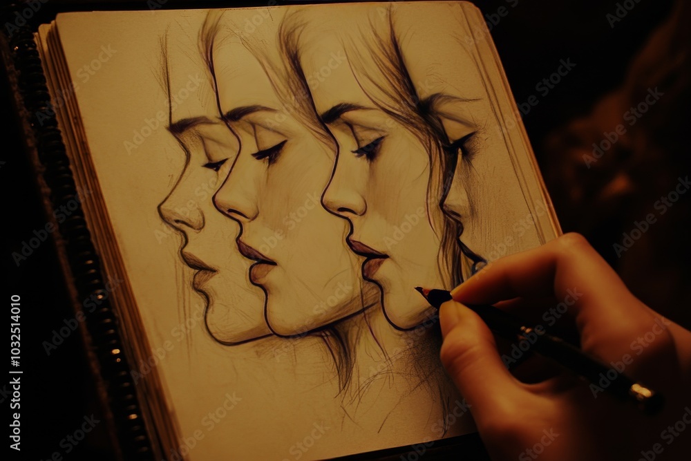 Aufkleber hand sketch of multiple faces drawn in profile view representing human expression individuality and 