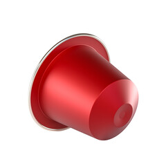 Single red coffee capsule lying on white background