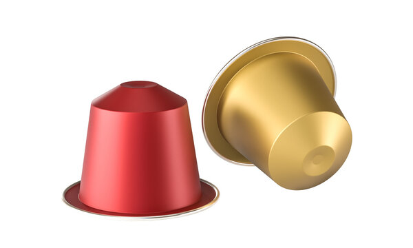 Red and gold coffee capsules lying on white background