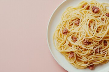 A White Plate of Spaghetti with Meat and Cheese