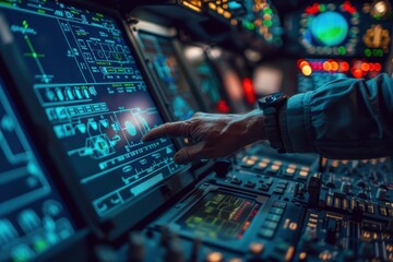 Obraz premium Tense Moment in Missile Control Room with Launch Button and Technology Screens