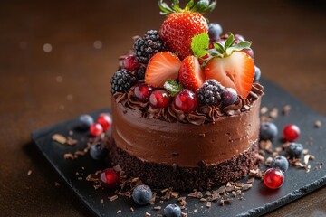 A delicious chocolate cake topped with fresh strawberries, blackberries, and blueberries on a slate plate, perfect for dessert lovers.