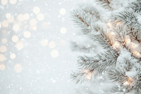Snow-Covered Pine Branch with String Lights and Bokeh
