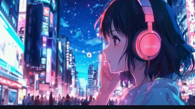 Anime girl with headphones in city
