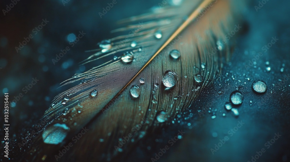 Poster raindrops glisten on a delicate feather resting on a soft surface in a serene environment