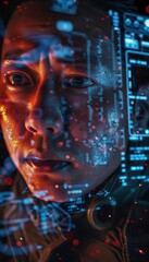 Fototapeta premium Tense Military Officer Analyzing Critical Data on Digital Interface