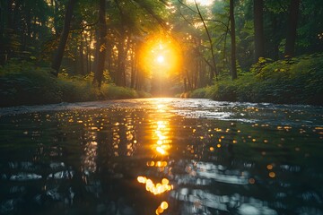 Obraz premium Serene Sunset Reflections Over a Tranquil Forest Stream