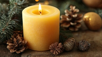 Burning Candle with Pine Cones and Fir Branches