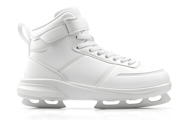 A pair of white ice skates, isolated on a white background, with sharp blades and a clean, smooth surface