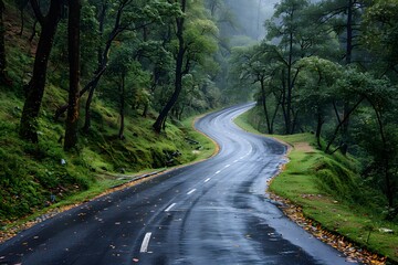 Obraz premium Serene Winding Road Through Lush Green Forest in Rainy Weather