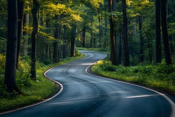 Fototapeta premium Serene Curved Road Through Lush Green Forest