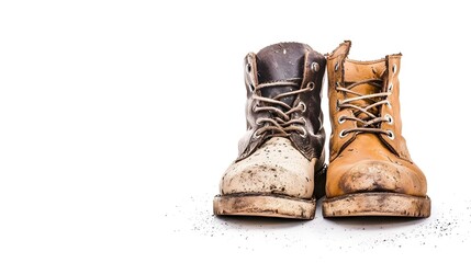 A pair of worn brown leather boots, placed side by side, isolated on a white background, showing scuffs and signs of wear