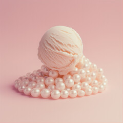 Obraz premium A scoop of vanilla ice cream elegantly placed atop a pile of luminous pearls. Playful and elegant, contrasting dessert elements.
