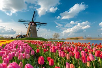 Vibrant Tulip Fields Under a Windmill Against a Stunning Sky