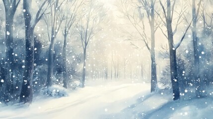 Obraz premium Watercolor of snowy winter forest with falling snowflakes