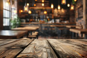 A close up of a wooden table in a restaurant