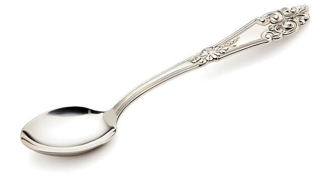 A silver spoon with intricate details on the handle, isolated on a white background, reflecting light on its polished surface