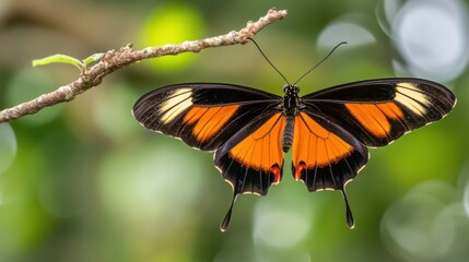 Fototapeta premium A vibrant butterfly with orange and black wings perched on a branch in a lush environment.