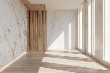 Fototapeta premium Wooden bench near marble stone wall and wood paneling in cozy hallway. Minimalist home interior design of modern entrance hall with big window.