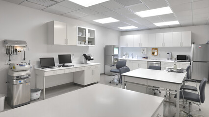 A realistic photo of a research laboratory with white wall, white table, white cupboard, refrigerator, computer.