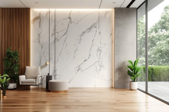 Fototapeta Wooden bench near marble stone wall and wood paneling in cozy hallway. Minimalist home interior design of modern entrance hall with big window.