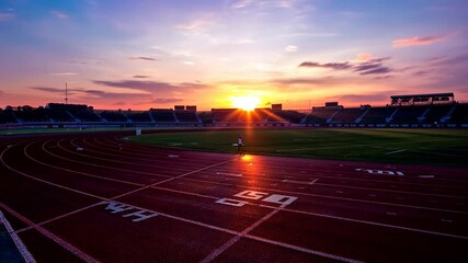 A serene slow-motion 4K sunrise illuminates an empty stadium track, casting golden light over the lanes and signaling a tranquil start filled with new beginnings and endless opportunities.