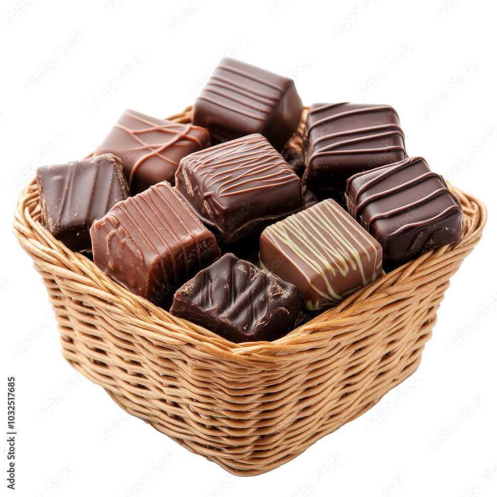 Poster a delightful basket filled with assorted chocolate squares on a transparent background, basket of sq