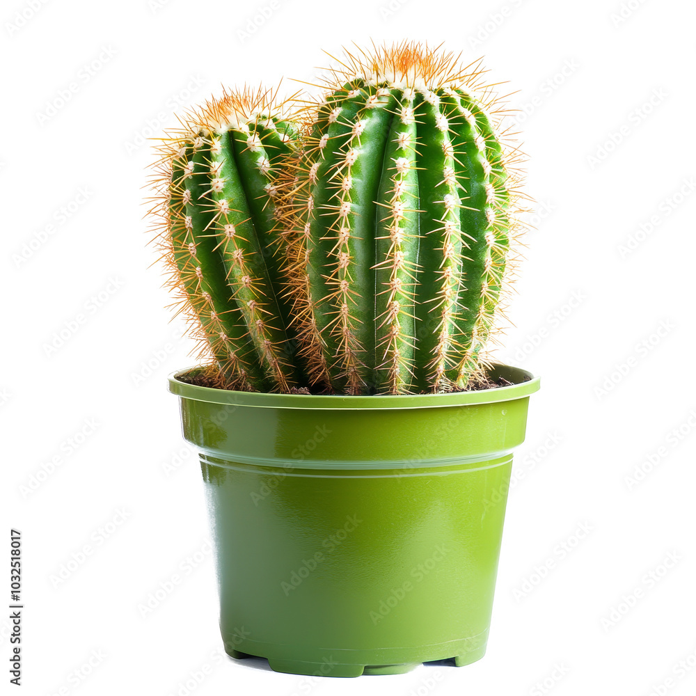 Poster a vibrant cactus thriving in a green container against a clean transparent background, of cactus on 