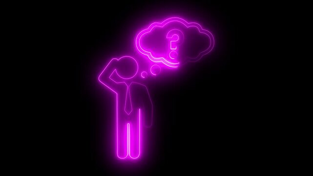 Person with bubble Question symbol icon animated on a black background. pictogram of a man with question mark talk bubbles.