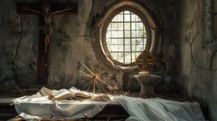 A large wooden cross with an open bible and white linen on it