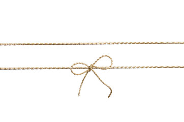 Golden string with tied bow isolated on white, twine rope, christmas design detail, packing decor.