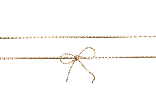 Golden string with tied bow isolated on white, twine rope, christmas design detail, packing decor.