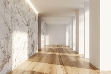 Obraz premium Wooden bench near marble stone wall and wood paneling in cozy hallway. Minimalist home interior design of modern entrance hall with big window.