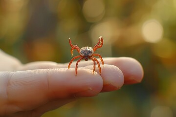 Obraz premium A Delicate Encounter: A Tiny Spider Perched on a Finger in Nature's Glow