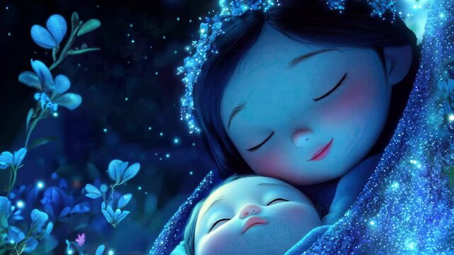 Animated scene of baby nestled in mother's embrace under twinkling stars. Gentle lullaby effect.