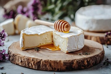 Brie Cheese with Honey Drizzle and Wooden Cutting Board