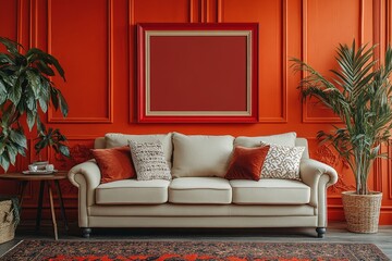 Fototapeta premium Warm and cozy living room interior with red mock up poster frame, copy space, stylish beige sofa, patterned pillow, coffee table and personal accessories. Home decor, Generative AI