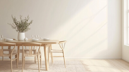 Cozy Scandinavian dining room featuring light wood furniture and a minimalist color palette of white and beige
