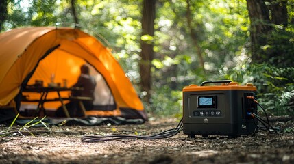 Portable Solar Generator Powering Camping Tent in Forest, Sustainable Energy for Outdoor Adventure, Eco-Friendly Off-Grid Power Supply, Camping, Generated AI