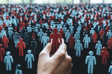 Fototapeta premium Hand selecting one red figure from a crowd of identical grey figures representing individuality recruitment decision making and standing out from the masses in a social or corporate context
