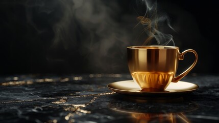 Obraz premium Luxurious Coffee Display with Golden Espresso Cup on Black Marble for Opulent Design Print