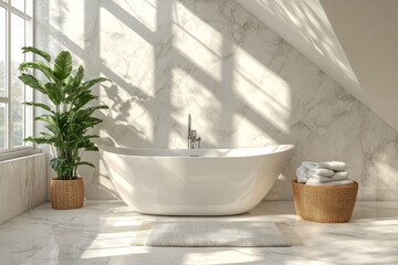 Stylish bathroom interior design with marble panels. Bathtub, towels and other personal bathroom accessories. Modern glamour interior concept. Roof window, Generative AI