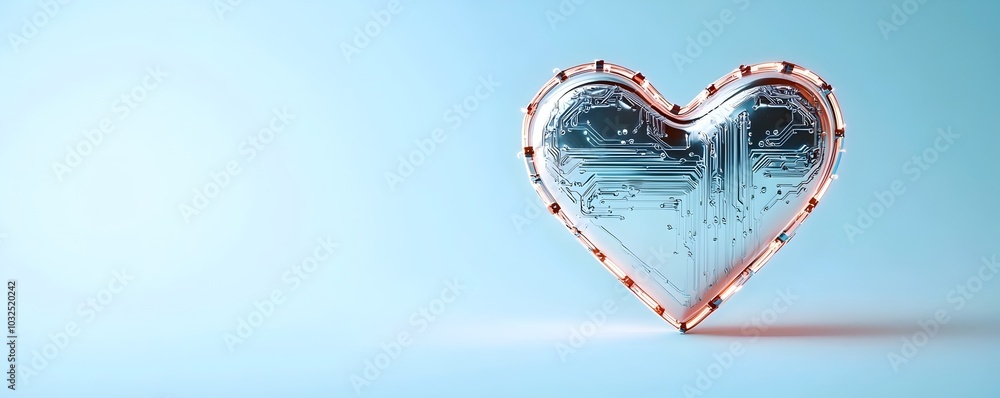 Poster futuristic heart shape with metallic texture - high-tech silver chrome design with glowing edges for