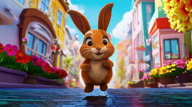 Playful bunny hopping through urban landscape, Easter celebration