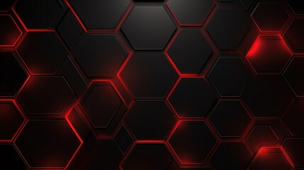 Black hexagon background. Close-up a surface made up of hexagonal shapes, honeycomb pattern. Illuminated red outlines. Geometric, futuristic and modern design