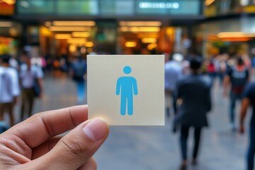 Hand holding blue figure icon against a blurred crowd background in a mall symbolizing individuality consumerism and the challenge of standing out in crowded public spaces